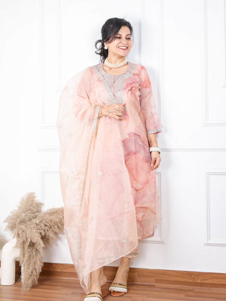 Shokhiyan Light Peach Printed Organza Top With Organza Dupatta 3 Piece Set