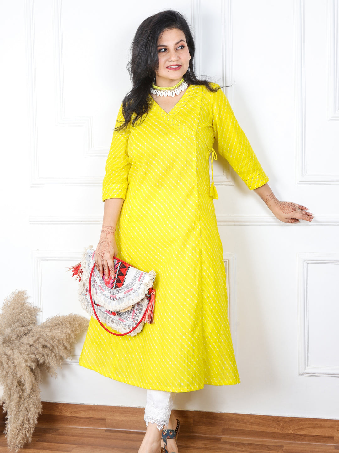 Zaalima Rooh Bright Yellow Leheriya Angrakha Cotton Kurti