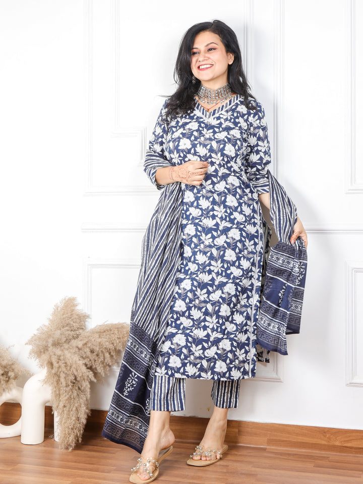 Zaalima Navy Blue floral Cotton Top with Cotton Dupatta 3 Piece Set