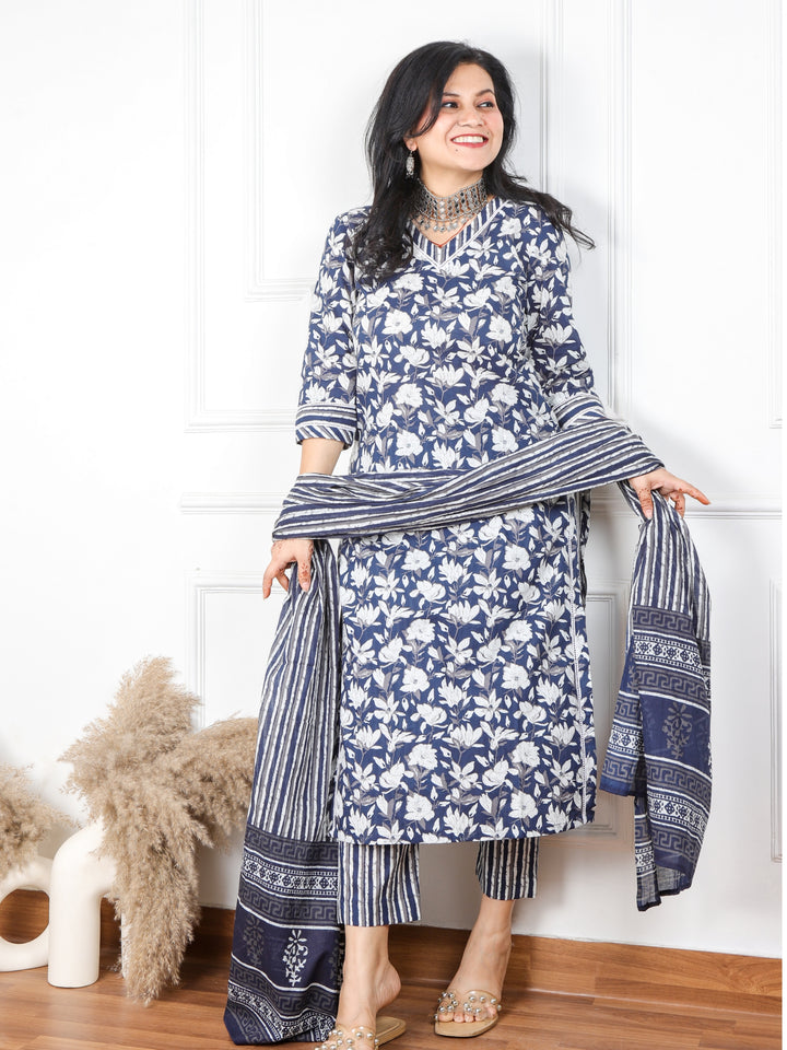 Zaalima Navy Blue floral Cotton Top with Cotton Dupatta 3 Piece Set