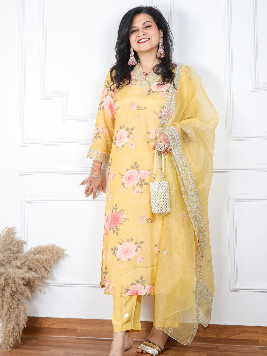 Zaalima Buttermilk Yellow Floral Print Muslin Top with Organza Dupatta 3 Piece Set