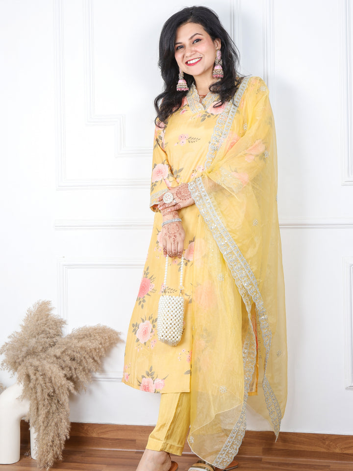 Zaalima Buttermilk Yellow Floral Print Muslin Top with Organza Dupatta 3 Piece Set