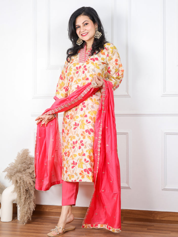 Zaalima White and Pink Floral Printed Muslin Top with Dupatta 3 Piece Set
