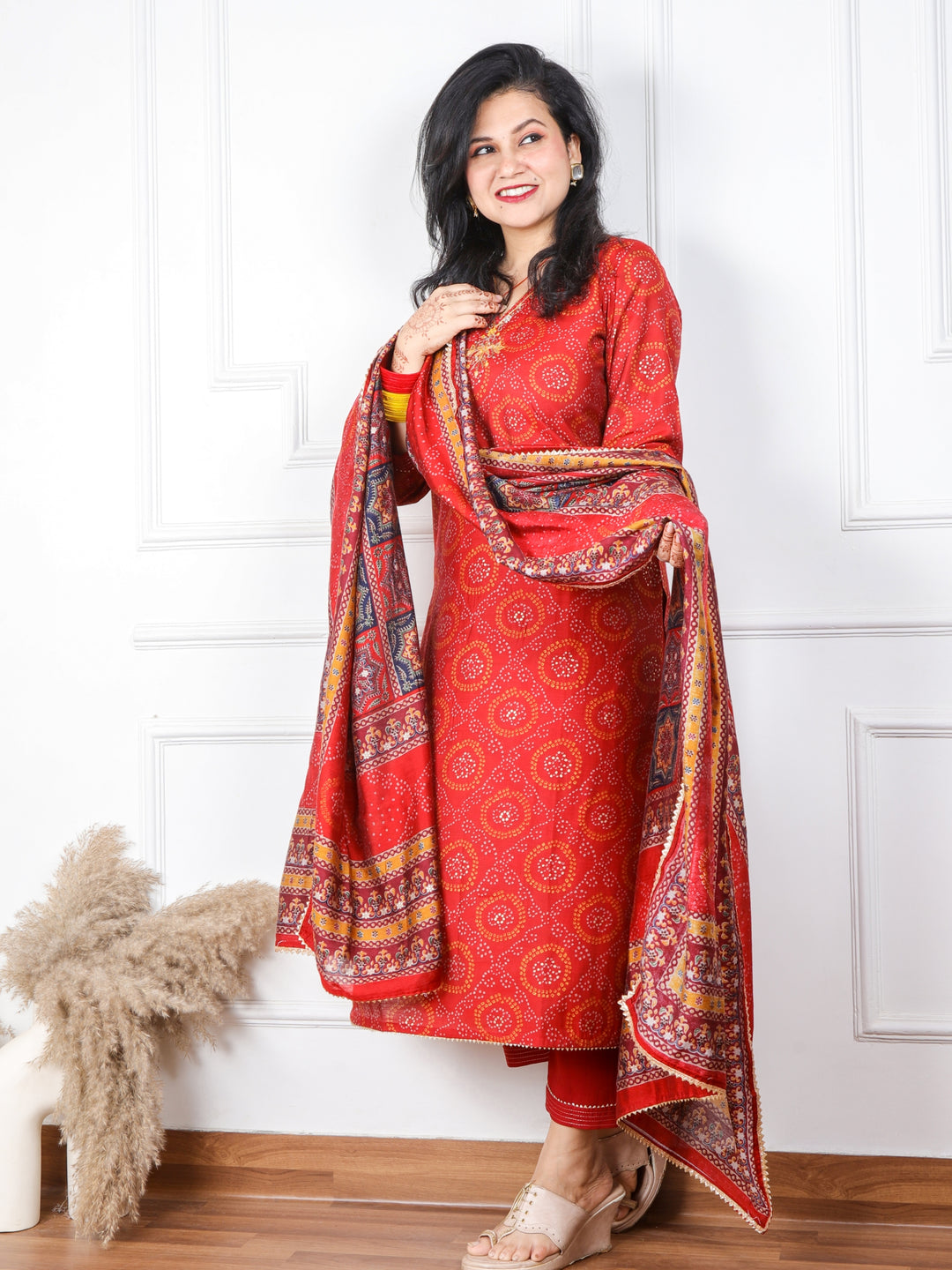 Zaalima Ruby Red V Neck Modal Top with Dupatta 3 Piece Set