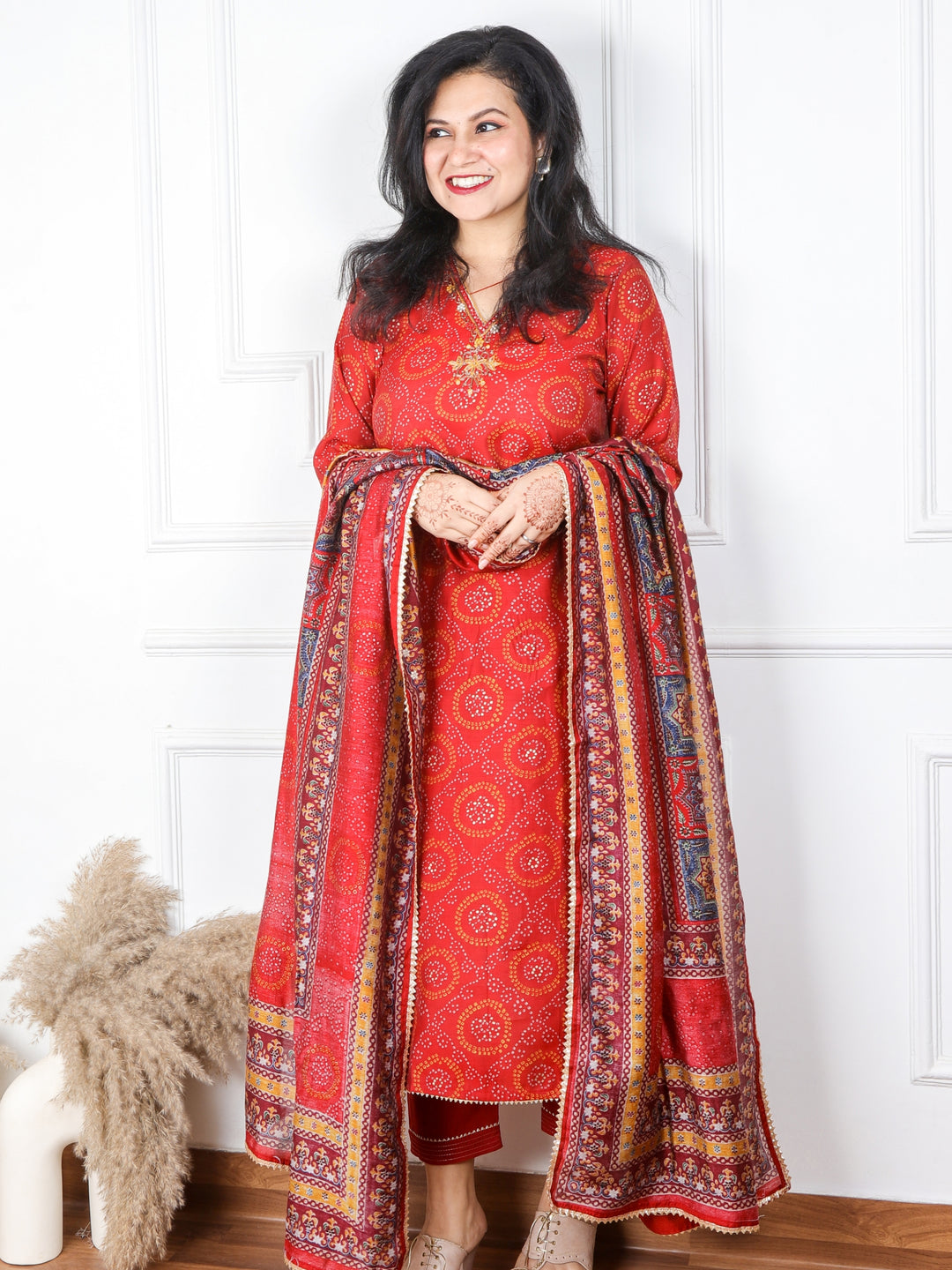 Zaalima Ruby Red V Neck Modal Top with Dupatta 3 Piece Set