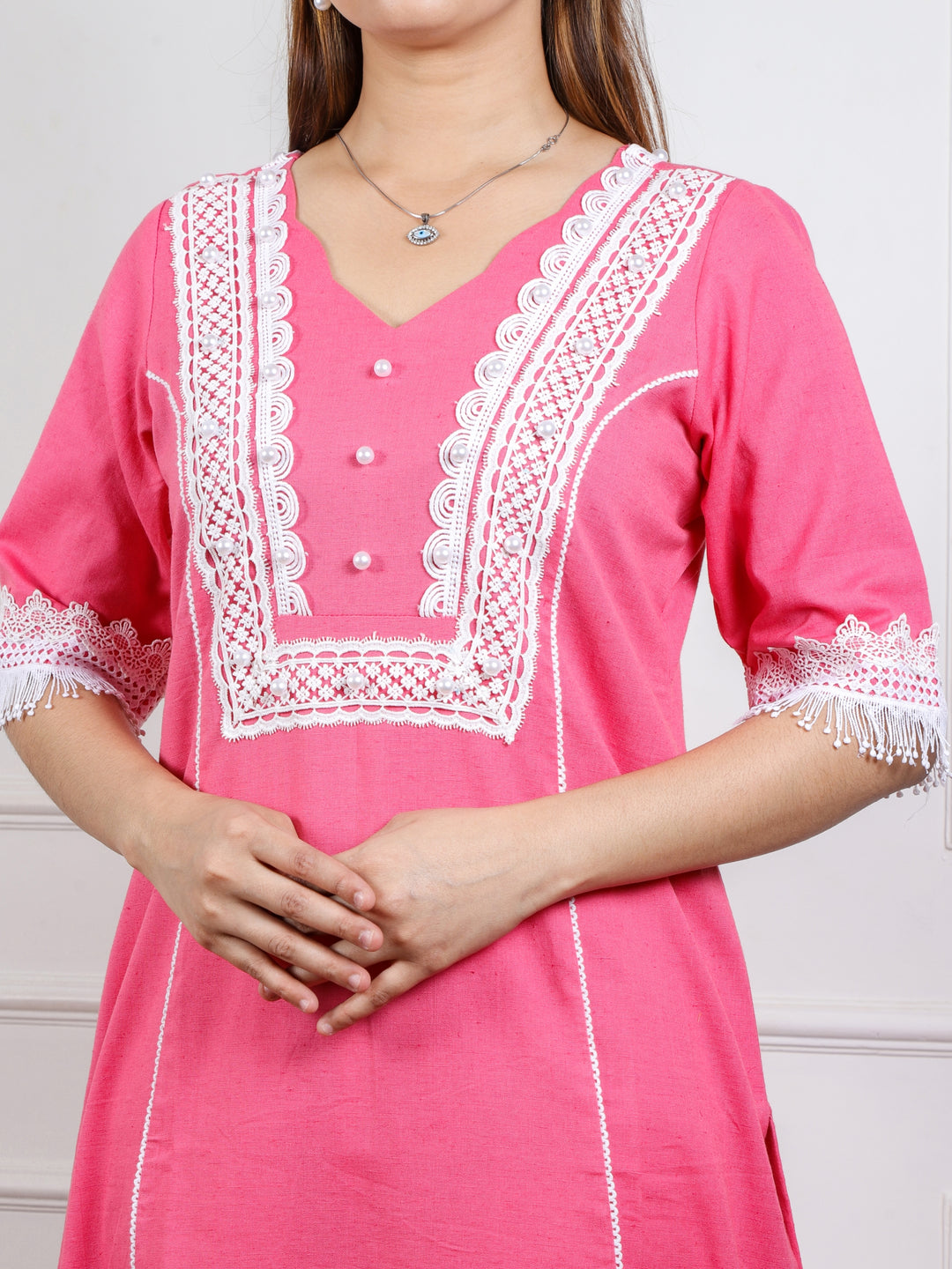 Rayshami Flamingo Pink Pearl With Lace Work Cotton Flex Top
