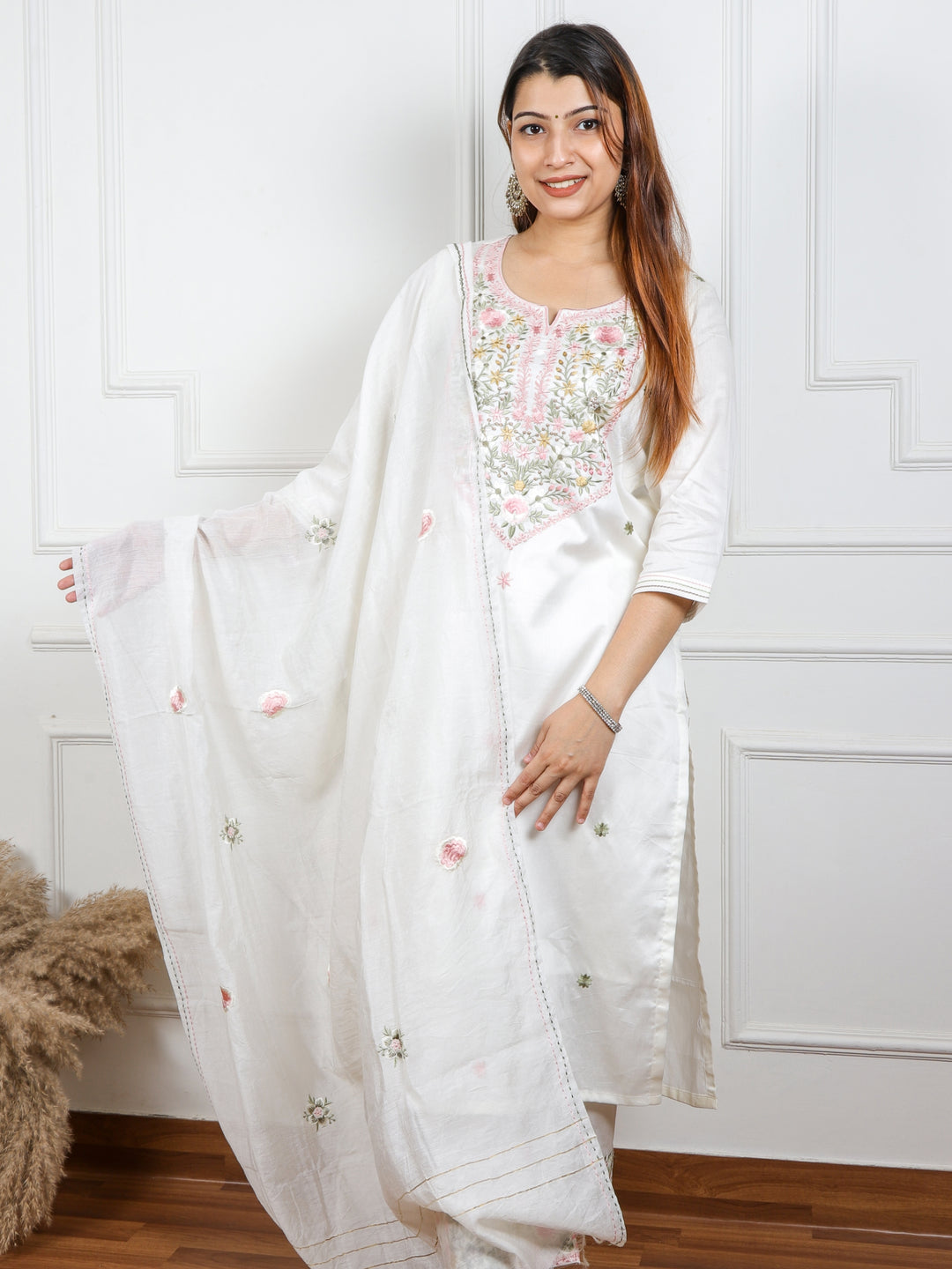 Ishaani Blissta Light Cream Glazed Cotton Top with Chanderi Silk Dupatta 3 Piece Set