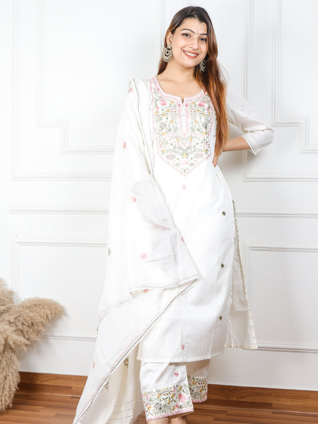 Ishaani Blissta Light Cream Glazed Cotton Top with Chanderi Silk Dupatta 3 Piece Set