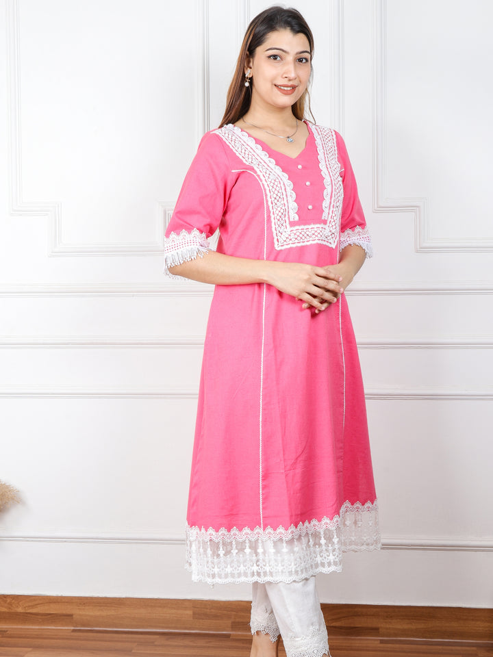 Rayshami Flamingo Pink Pearl With Lace Work Cotton Flex Top