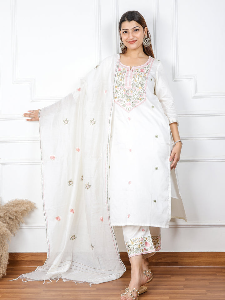 Ishaani Blissta Light Cream Glazed Cotton Top with Chanderi Silk Dupatta 3 Piece Set