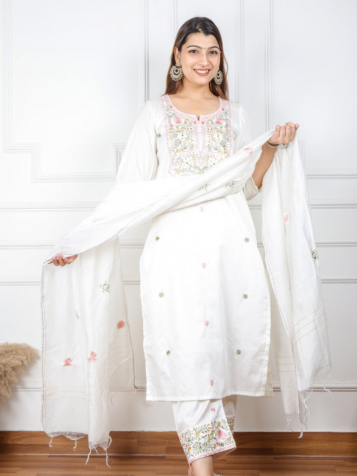Ishaani Blissta Light Cream Glazed Cotton Top with Chanderi Silk Dupatta 3 Piece Set