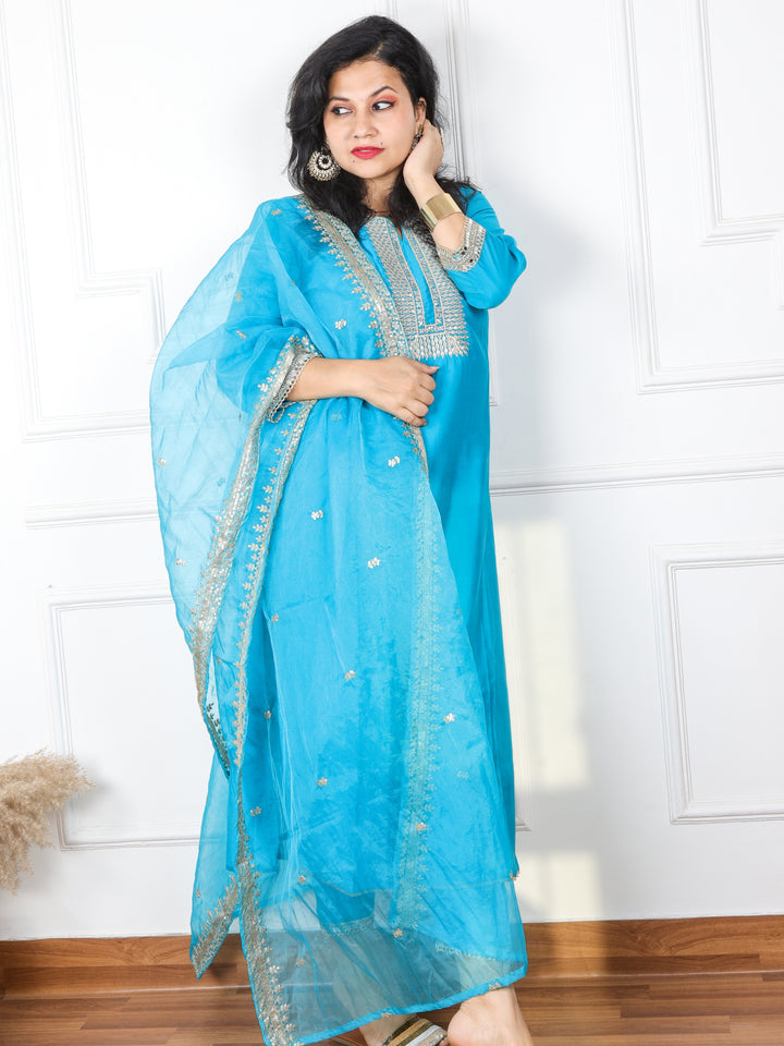 Qurbat Turquoise Blue Embellished Neck Work Cotton Silk Top with Plain Organza Dupatta 3 Piece  Set