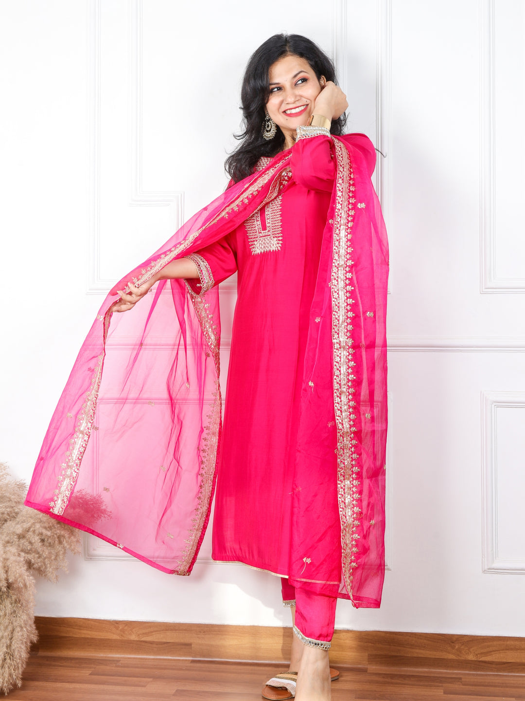 Qurbat Blink Pink Embellished Neck Work Cotton Silk Top with Plain Organza Dupatta 3 Piece  Set