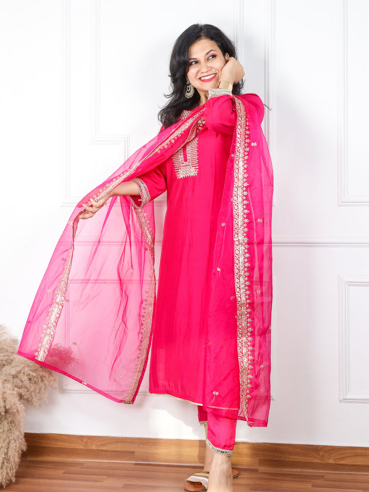 Qurbat Blink Pink Embellished Neck Work Cotton Silk Top with Plain Organza Dupatta 3 Piece  Set