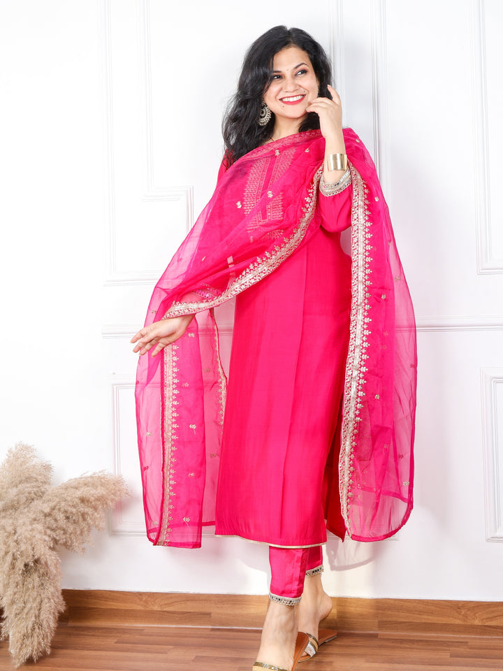 Qurbat Blink Pink Embellished Neck Work Cotton Silk Top with Plain Organza Dupatta 3 Piece  Set