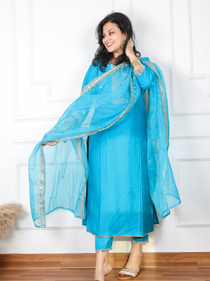 Qurbat Turquoise Blue Embellished Neck Work Cotton Silk Top with Plain Organza Dupatta 3 Piece  Set