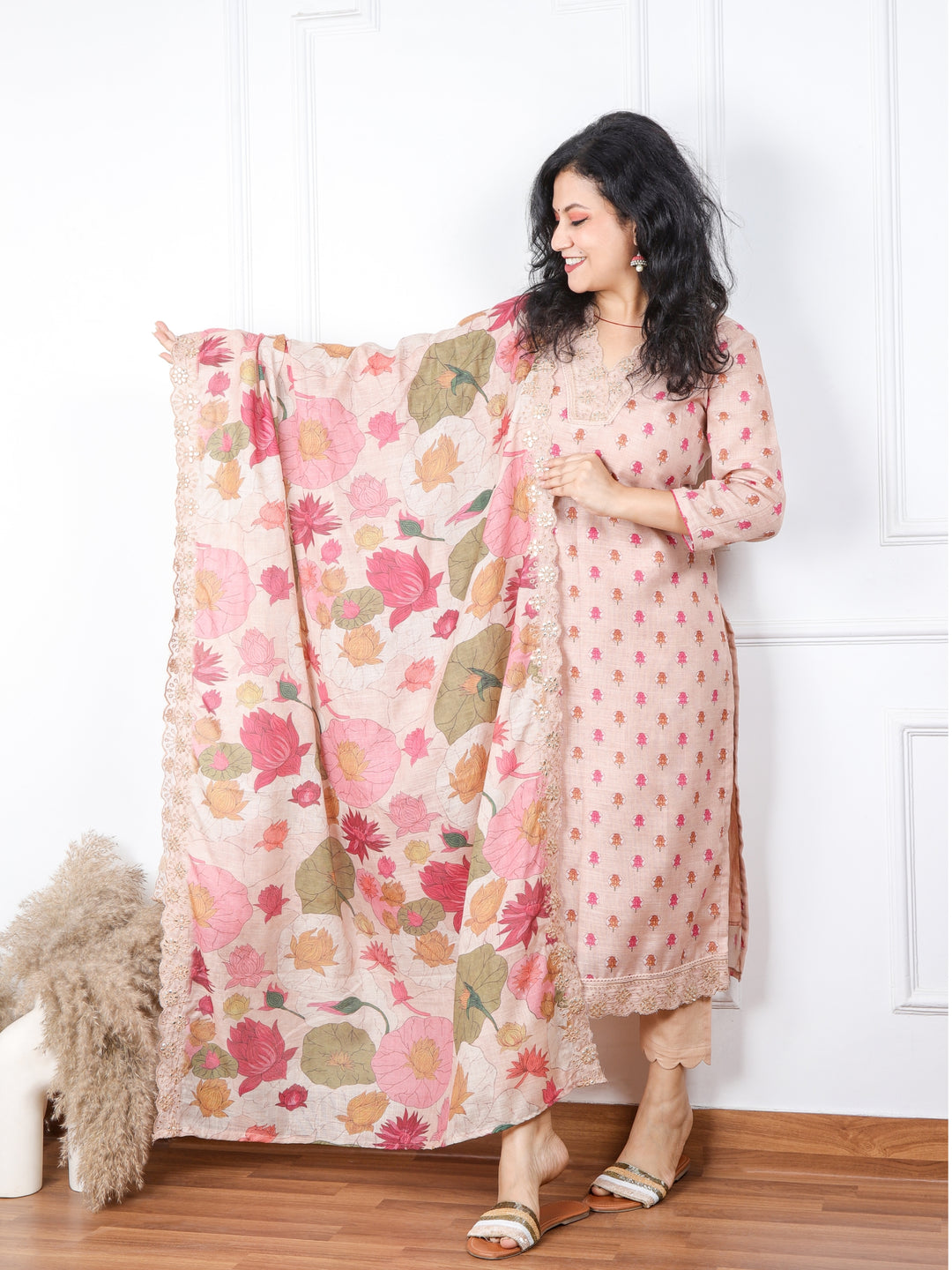 Gulbahar Sand Brown V Neck Floral Cotton Linen Top with Floral Printed Cotton Linen Dupatta  3 Piece  Set