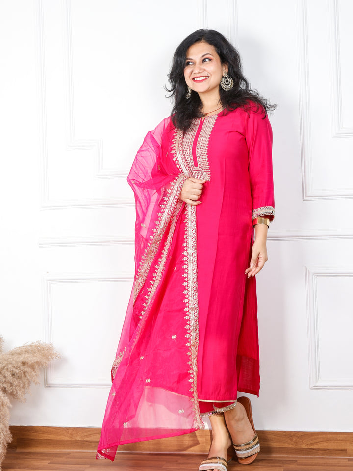 Qurbat Blink Pink Embellished Neck Work Cotton Silk Top with Plain Organza Dupatta 3 Piece  Set