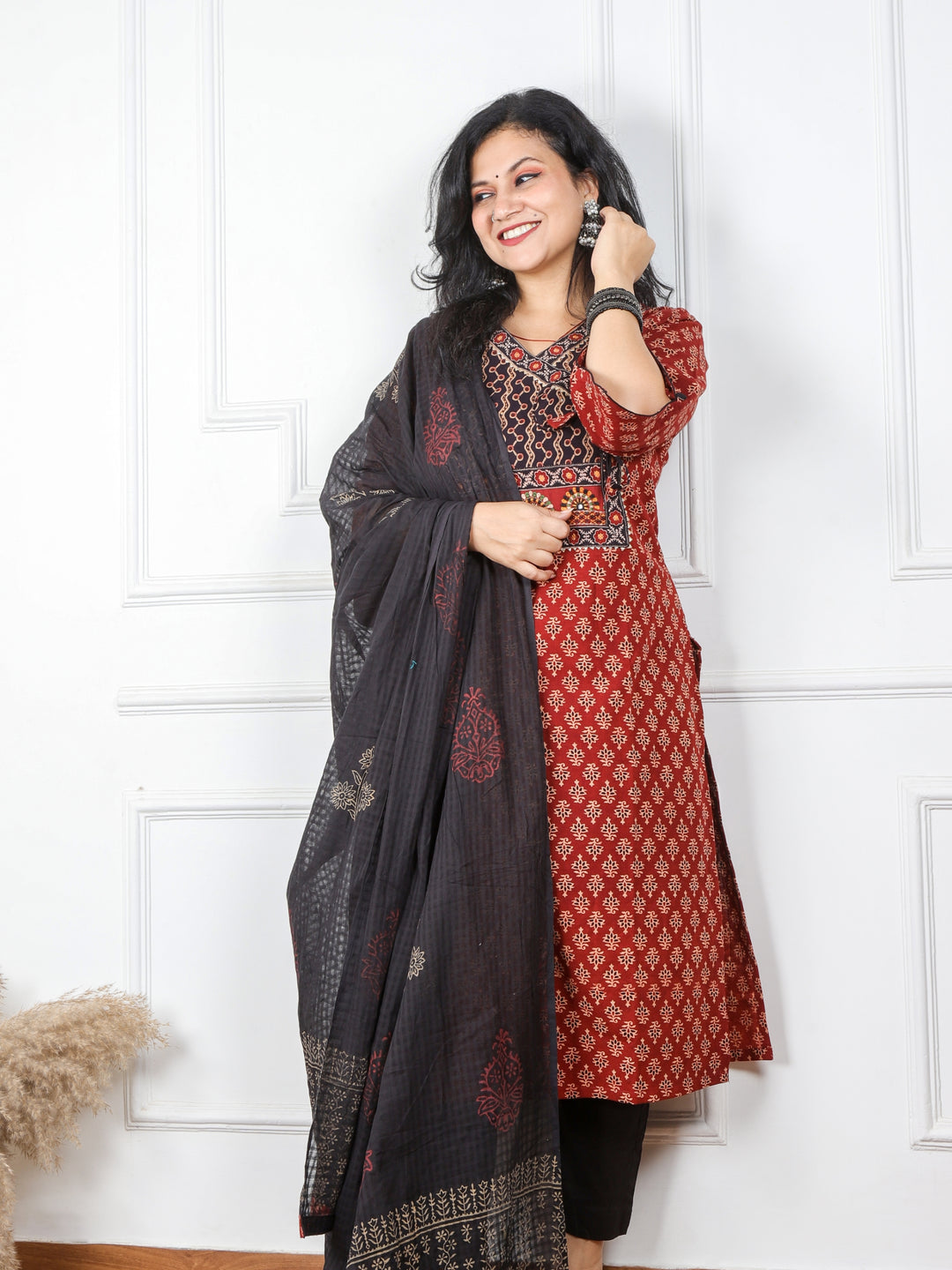 Khairiyat Barn Red Angrakha Cotton Top With Cotton Dupatta 3 Piece Set