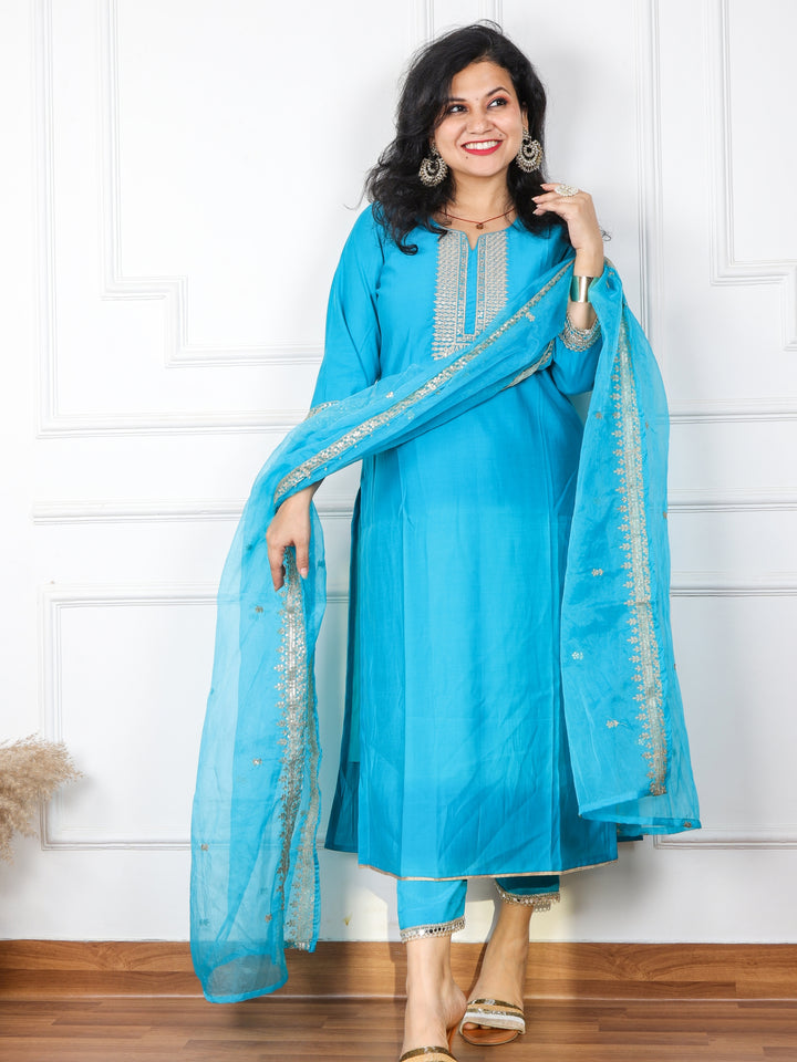Qurbat Turquoise Blue Embellished Neck Work Cotton Silk Top with Plain Organza Dupatta 3 Piece  Set