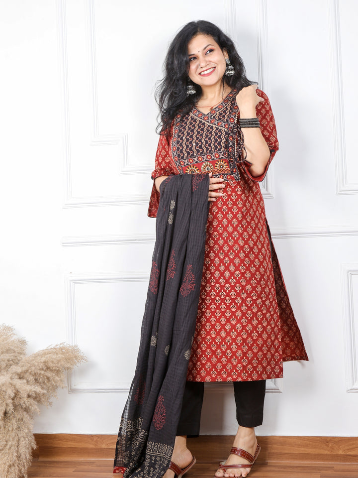 Khairiyat Barn Red Angrakha Cotton Top With Cotton Dupatta 3 Piece Set