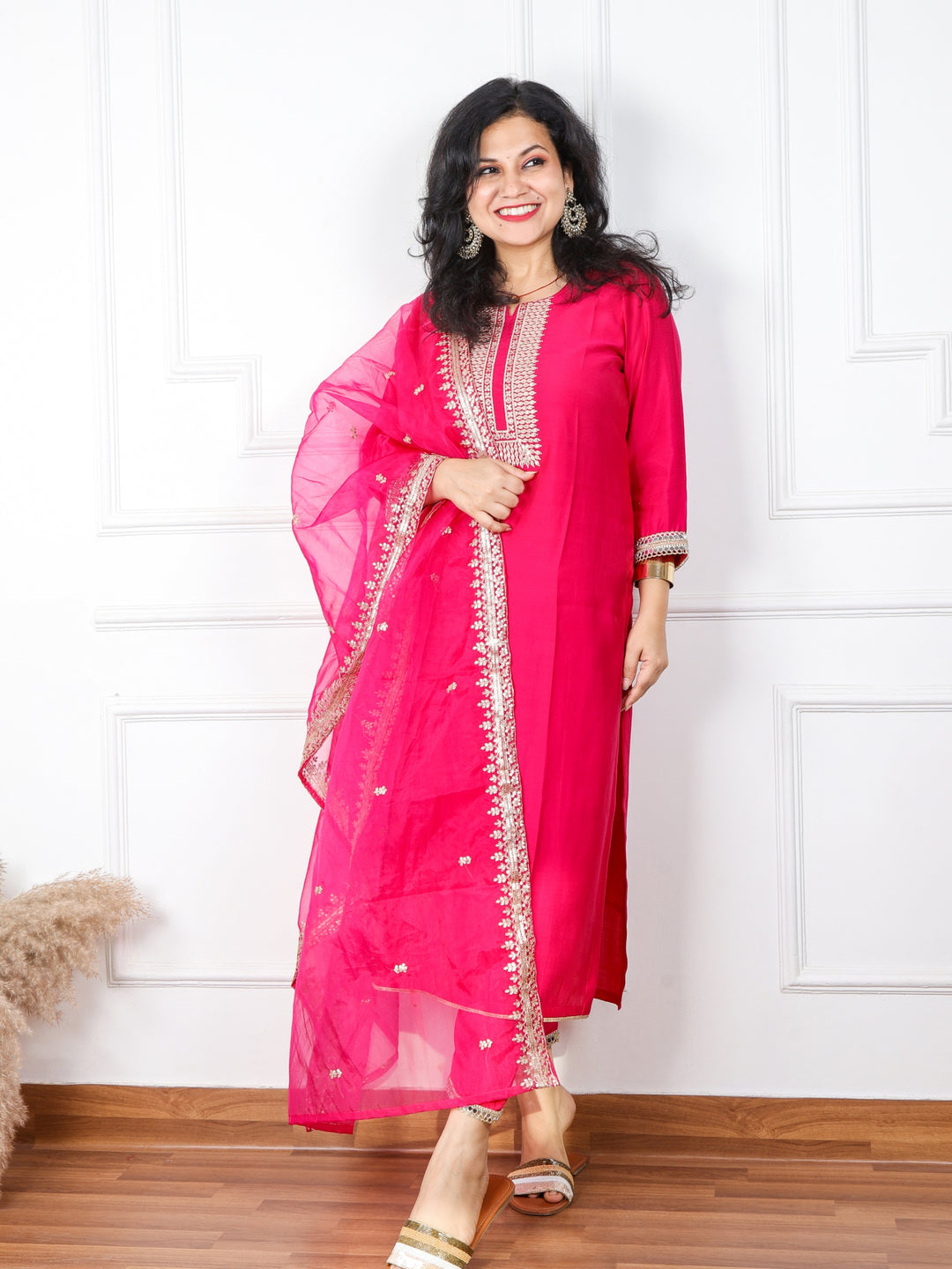 Qurbat Blink Pink Embellished Neck Work Cotton Silk Top with Plain Organza Dupatta 3 Piece  Set