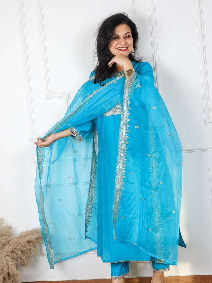 Qurbat Turquoise Blue Embellished Neck Work Cotton Silk Top with Plain Organza Dupatta 3 Piece  Set