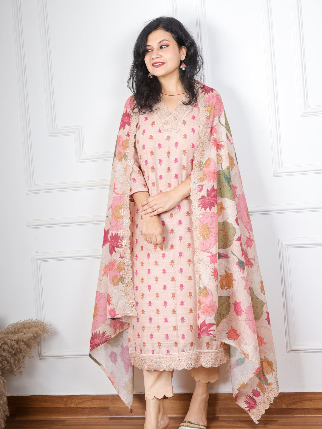 Gulbahar Sand Brown V Neck Floral Cotton Linen Top with Floral Printed Cotton Linen Dupatta  3 Piece  Set