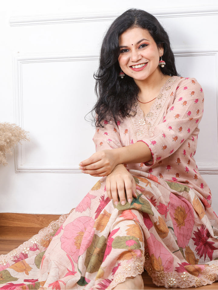 Gulbahar Sand Brown V Neck Floral Cotton Linen Top with Floral Printed Cotton Linen Dupatta  3 Piece  Set