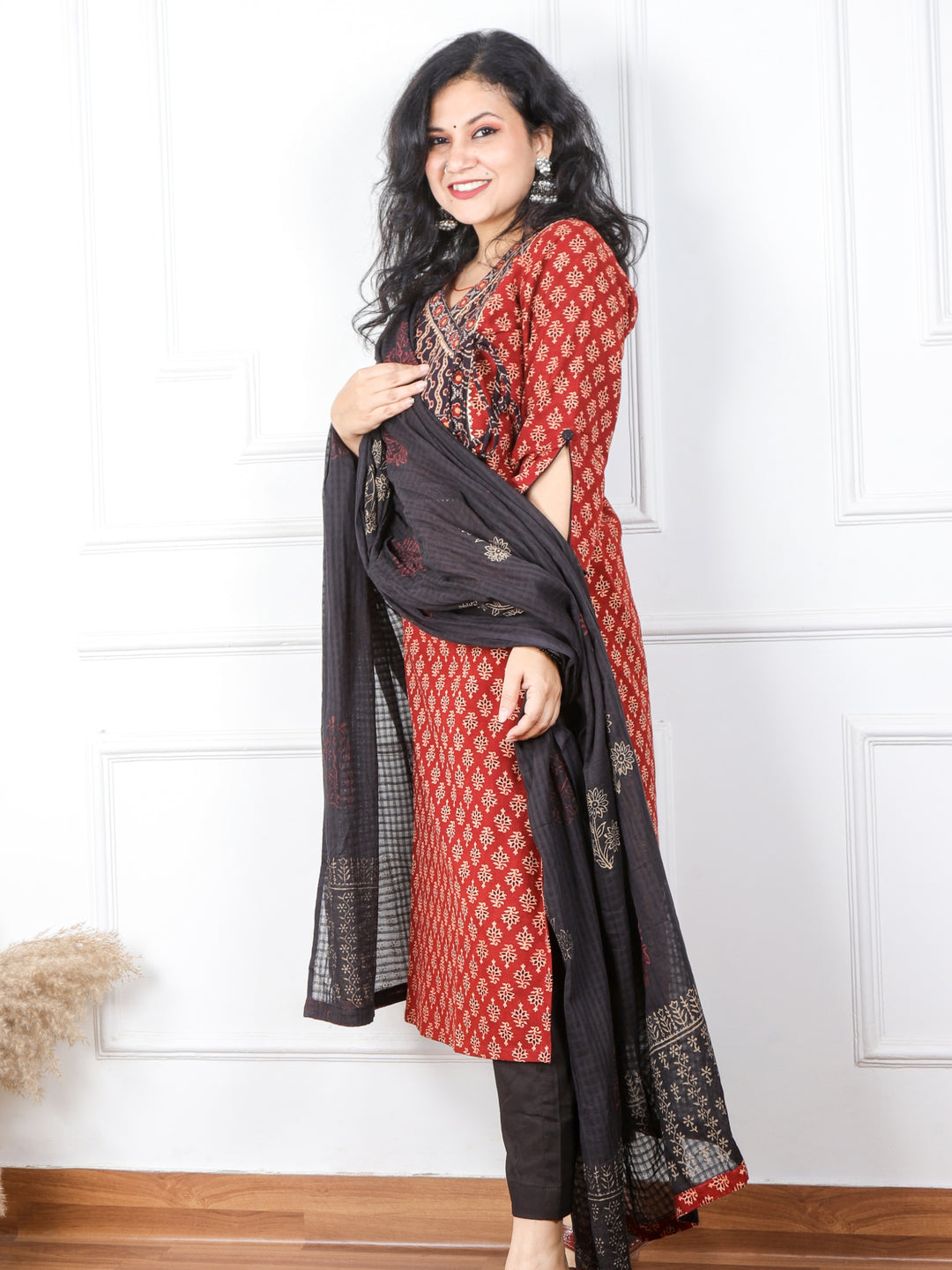 Khairiyat Barn Red Angrakha Cotton Top With Cotton Dupatta 3 Piece Set