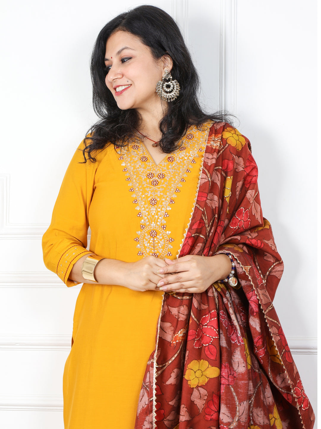 Takalluf Canary Yellow V Neck Modal Top with Printed Modal Dupatta 3 Pc Set