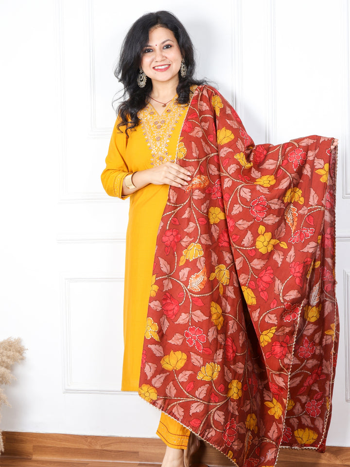 Takalluf Canary Yellow V Neck Modal Top with Printed Modal Dupatta 3 Pc Set