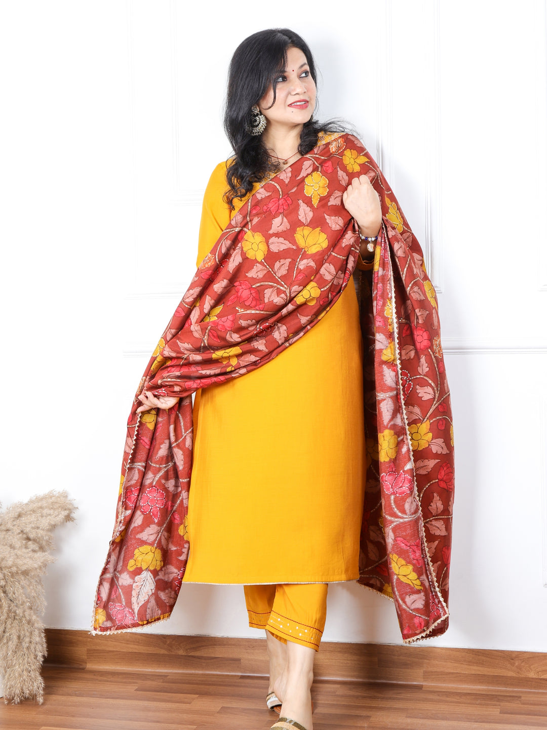 Takalluf Canary Yellow V Neck Modal Top with Printed Modal Dupatta 3 Pc Set