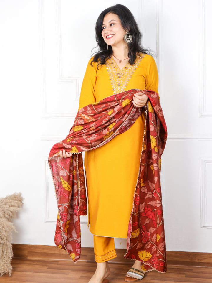 Takalluf Canary Yellow V Neck Modal Top with Printed Modal Dupatta 3 Pc Set