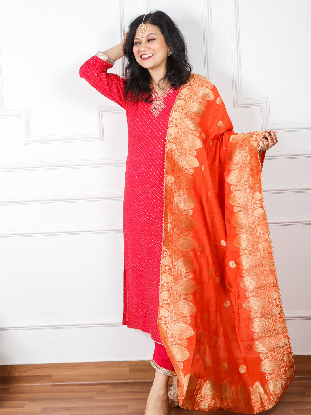 Dilchaspi Pink V Neck Modal Top With Cotton Silk Dupatta 3 Piece Set