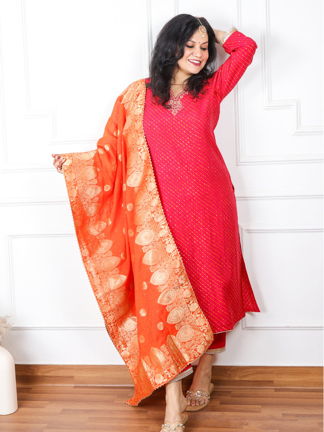 Dilchaspi Pink V Neck Modal Top With Cotton Silk Dupatta 3 Piece Set