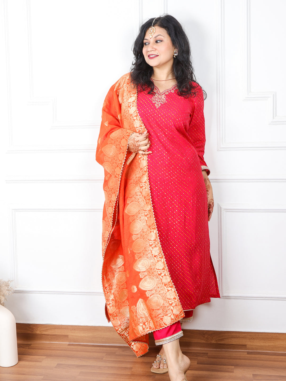 Dilchaspi Pink V Neck Modal Top With Cotton Silk Dupatta 3 Piece Set