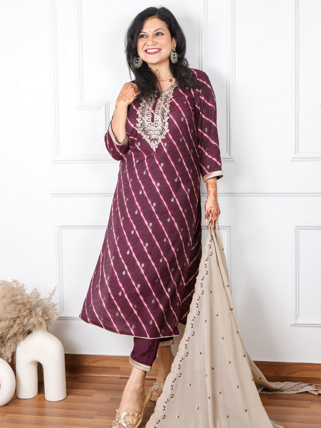 Dilchaspi Eggplant Purple Leheriya Modal Top with Georgette Dupatta  3 Piece Set