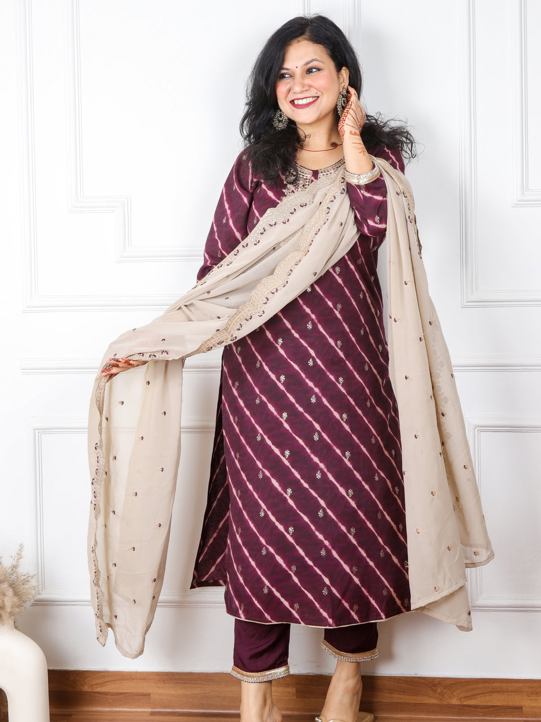 Dilchaspi Eggplant Purple Leheriya Modal Top with Georgette Dupatta  3 Piece Set