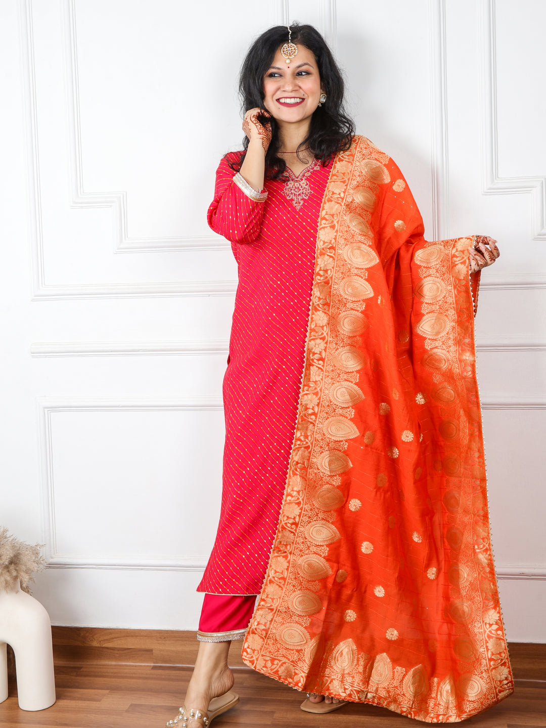 Dilchaspi Pink V Neck Modal Top With Cotton Silk Dupatta 3 Piece Set