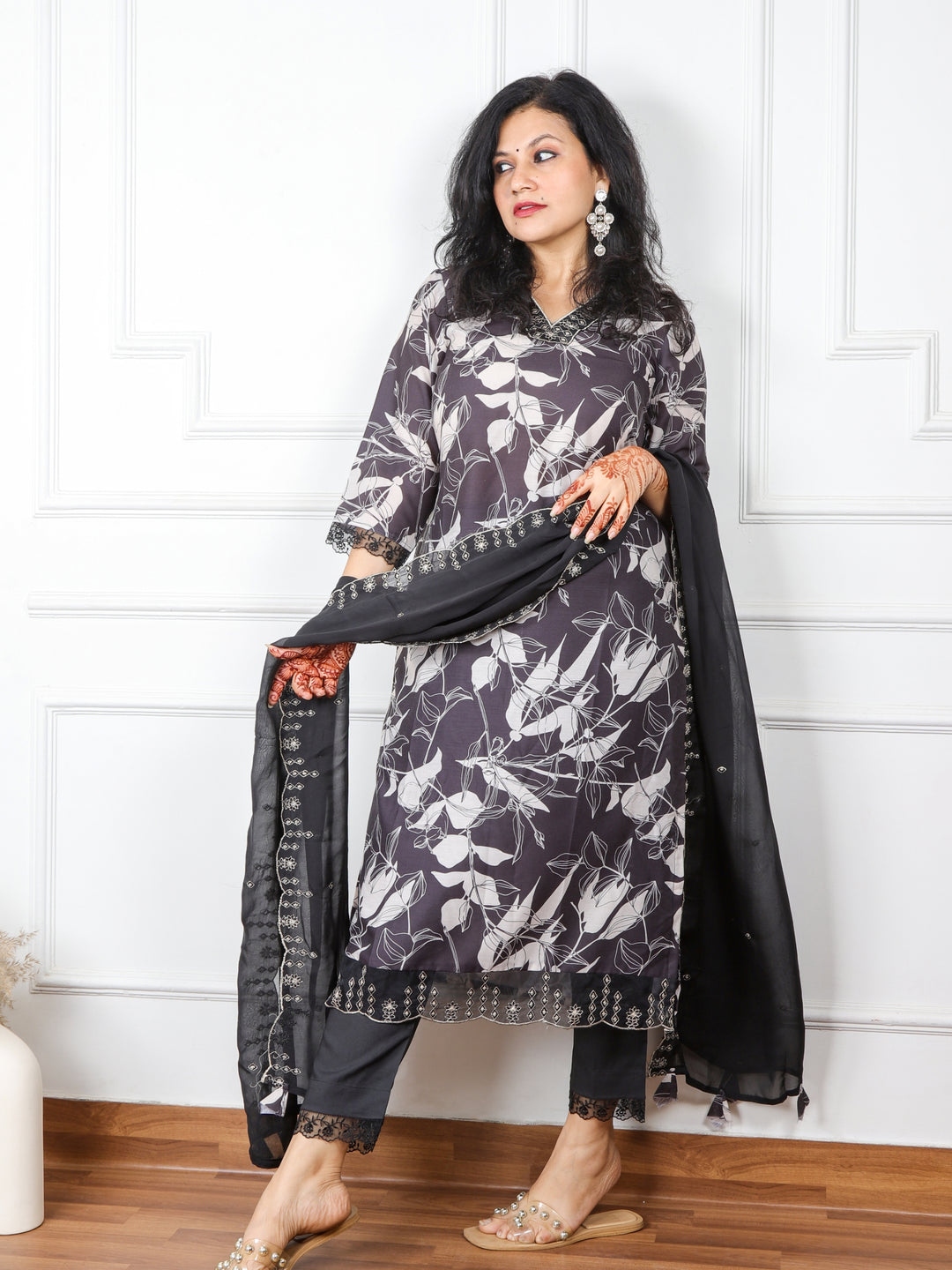 Dilchaspi Ebony Black V Neck Muslin Top with Organza Dupatta 3 Piece Set
