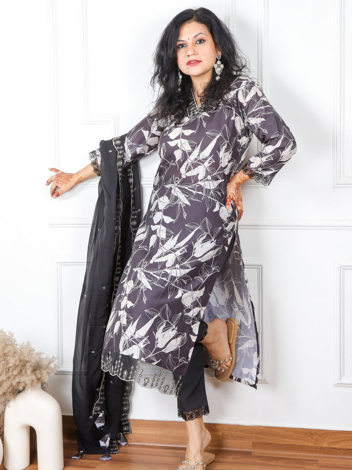 Dilchaspi Ebony Black V Neck Muslin Top with Organza Dupatta 3 Piece Set