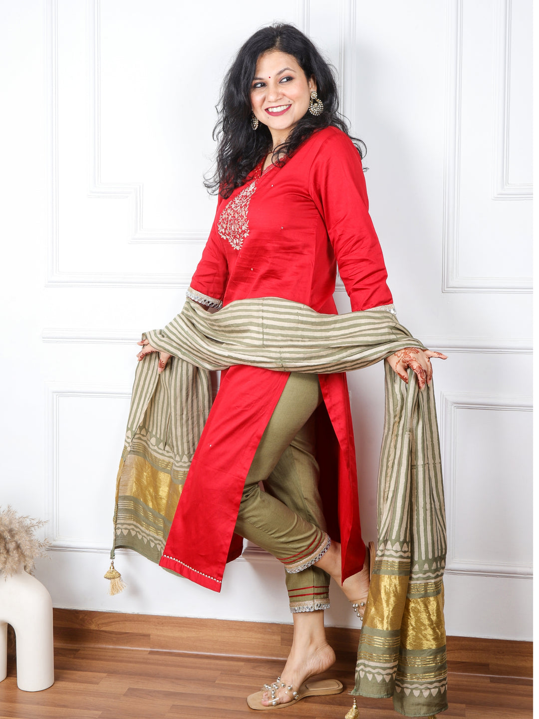 Dilchaspi Ruby Red Jam Cotton Satin Top With Gajji Silk Dupatta 3 Piece Set