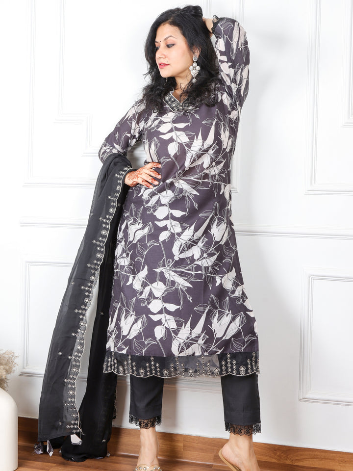 Dilchaspi Ebony Black V Neck Muslin Top with Organza Dupatta 3 Piece Set