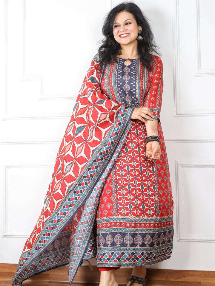 Faryaad Maroon Printed Kantha Work Chanderi Silk 3 Piece Set