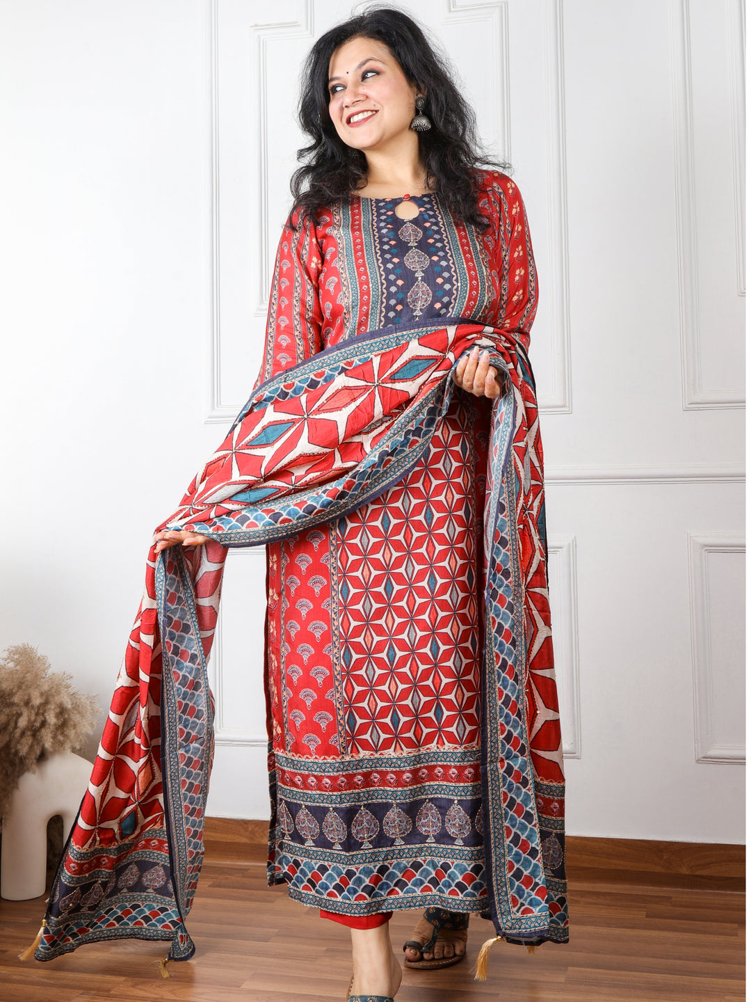 Faryaad Maroon Printed Kantha Work Chanderi Silk 3 Piece Set