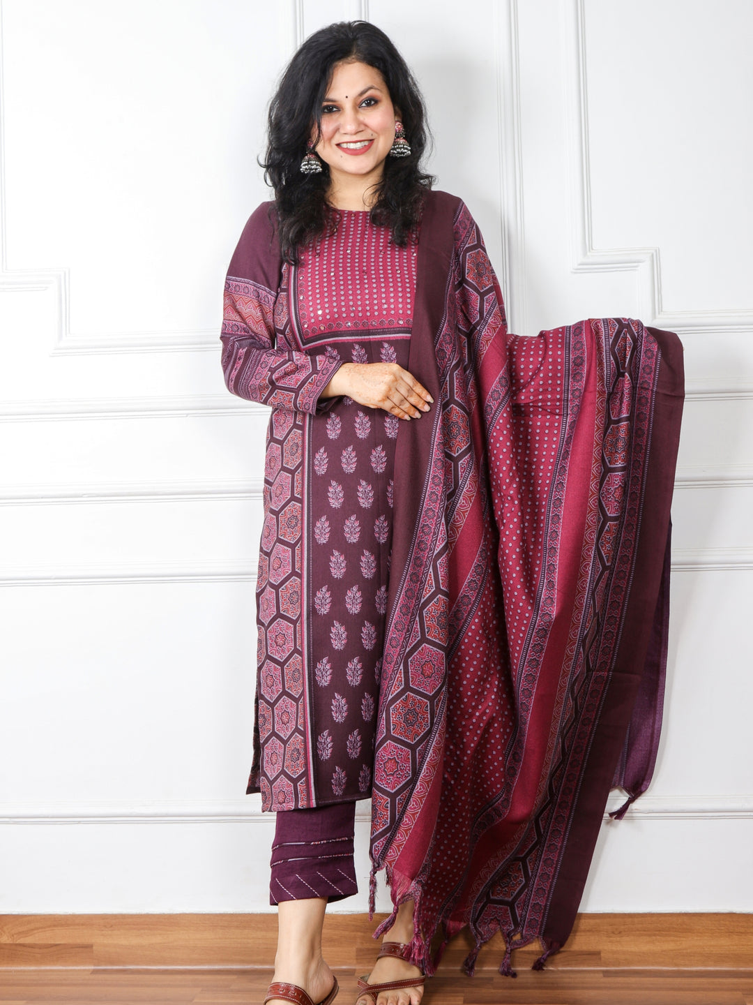 Faryaad Misty Purple Ajrak Print Semi Pashmina Top and Dupatta