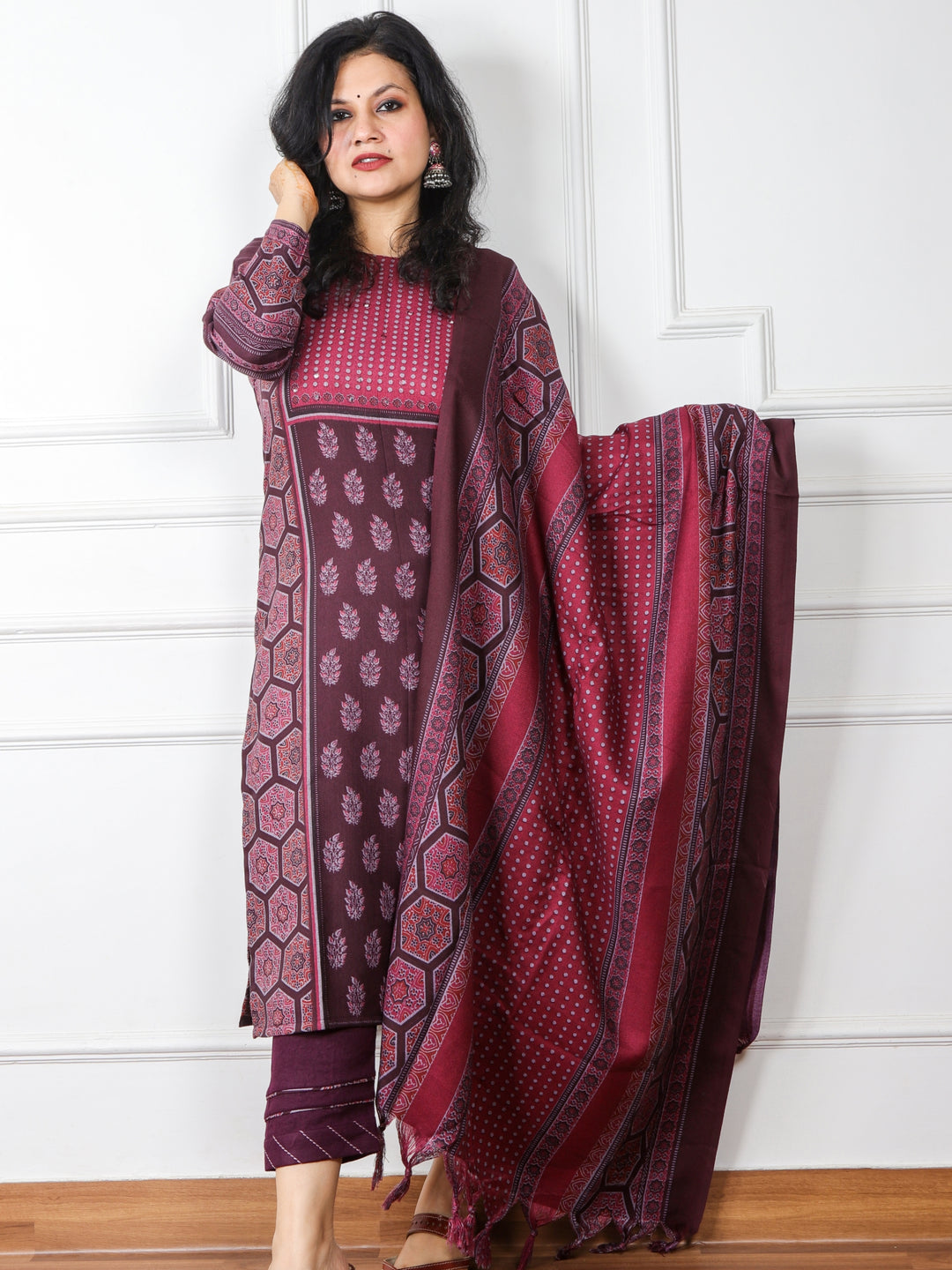 Faryaad Misty Purple Ajrak Print Semi Pashmina Top and Dupatta