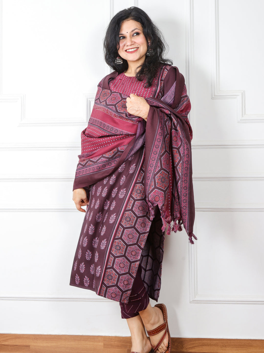 Faryaad Misty Purple Ajrak Print Semi Pashmina Top and Dupatta