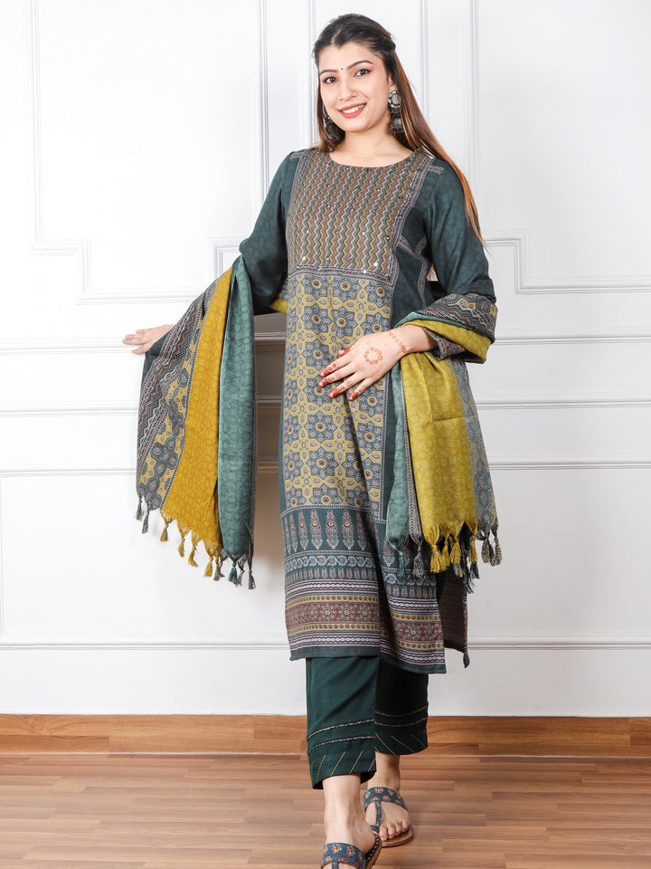 Faryaad Sacramento Green Ajrak Print Semi Pashmina Top and Dupatta